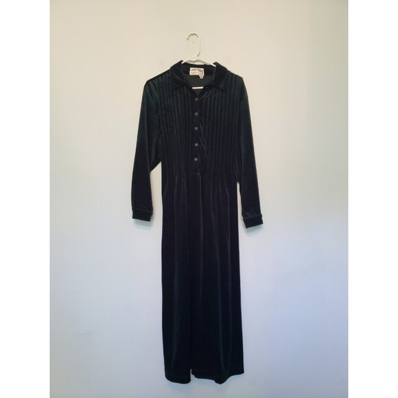 Vtg Gotcha Covered Women 12 Midi Dress Button Pleated Velour Green Velvet Modest - Picture 1 of 5